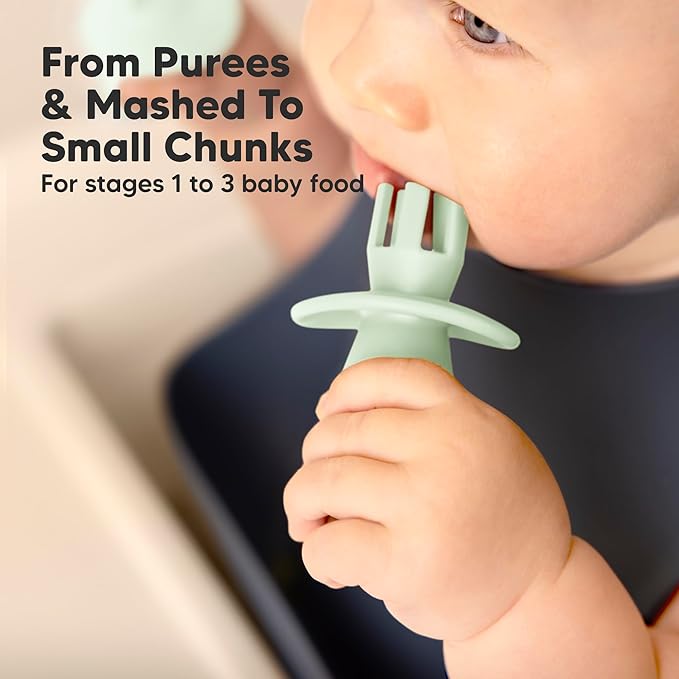 KeaBabies 4-Pack Silicone Baby Spoons and Forks Set - Baby Spoon Self Feeding, BLW Baby Utensils 6-12 Months, Baby Led Weaning Feeding Spoon,Teething Infant Baby First Food Training Pre Spoon (Mellow)