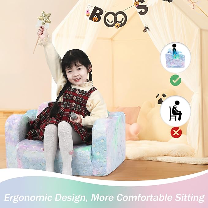 Folding Toddler Chair, Soft Plush Fold Out Kids Couch Sofa Glow in The Dark, Comfy Baby Recliner for Girls Boys (Colorful Star)