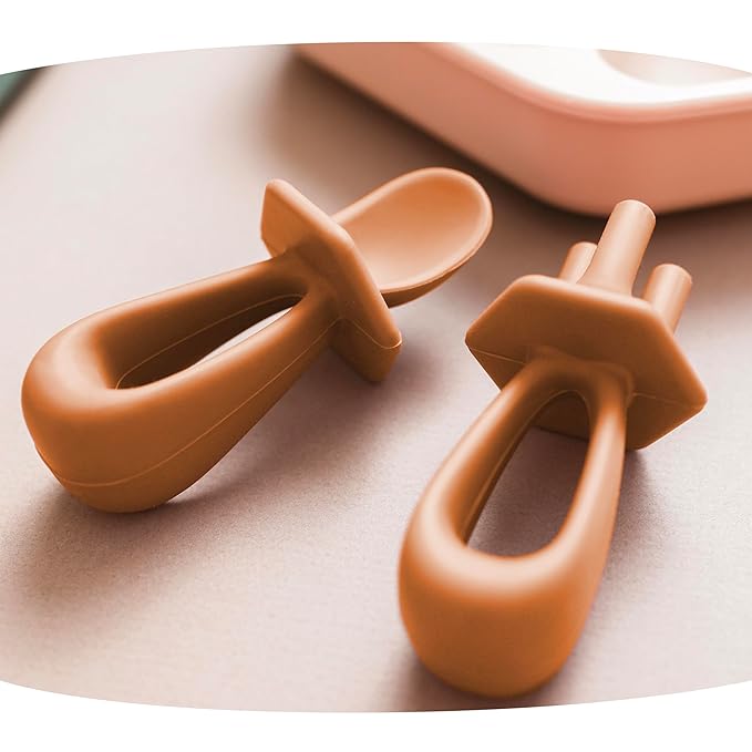 Tiny Twinkle Silicone Training Utensils - Baby Spoons & Baby Forks For Self-Feeding Training - Silicone Baby Led Weaning Utensils For Toddlers And Babies 6-24 Months - Baby Feeding Supplies (Cinnamon)