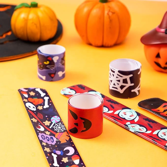 JOYIN 120 PCS Halloween Slap Bracelets Party Favors for Kids - 24 Designs Bracelets for Halloween Decorations, Halloween Treat Bag Stuffers, Non-candy Gift