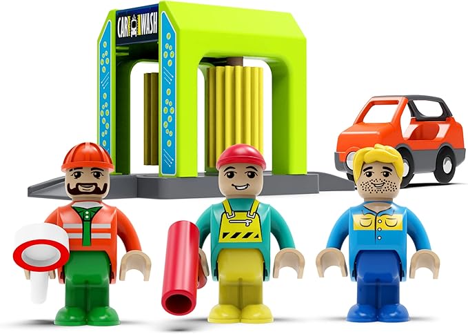 Wooden Train Accessories Car Washer for Railroad Train Track, Train Toys Accessory Compatible with All Major Brands of Train Set System, Railway Tracks Station for Kids Ages 3 and Up.