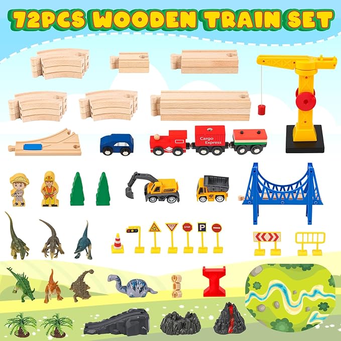 Wooden Train Set for Toddlers & Kids, 72Pcs Wooden Train Track with Crane, Expandable Toys Train Set for 3 4 5 6 7 Years Old Boys & Girls Christmas Birthday Gifts - Fits All Major Brands Railway Set