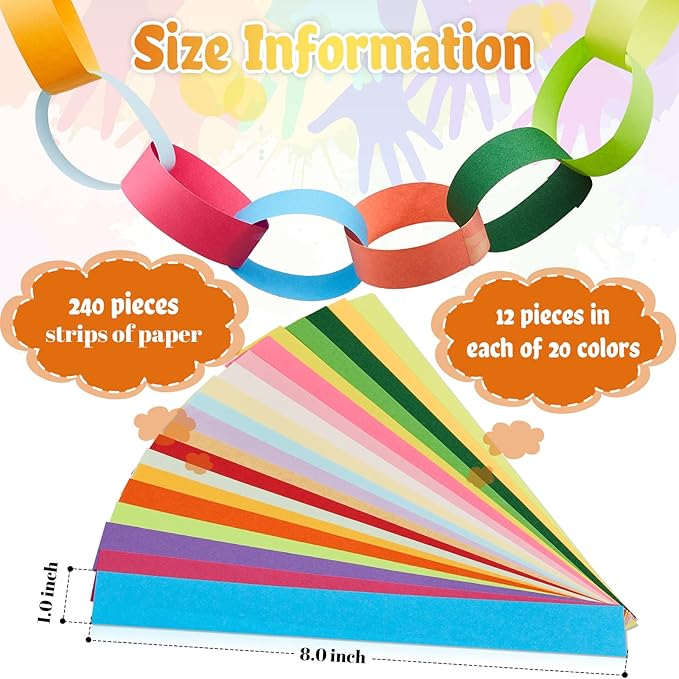 Nezyo 240 Sheets Bright Paper Chain Strips Construction Paper About 46 Feet in Total Length 1 x 8 Inch Assorted Colors DIY with 1 Roll Double Sided Tape