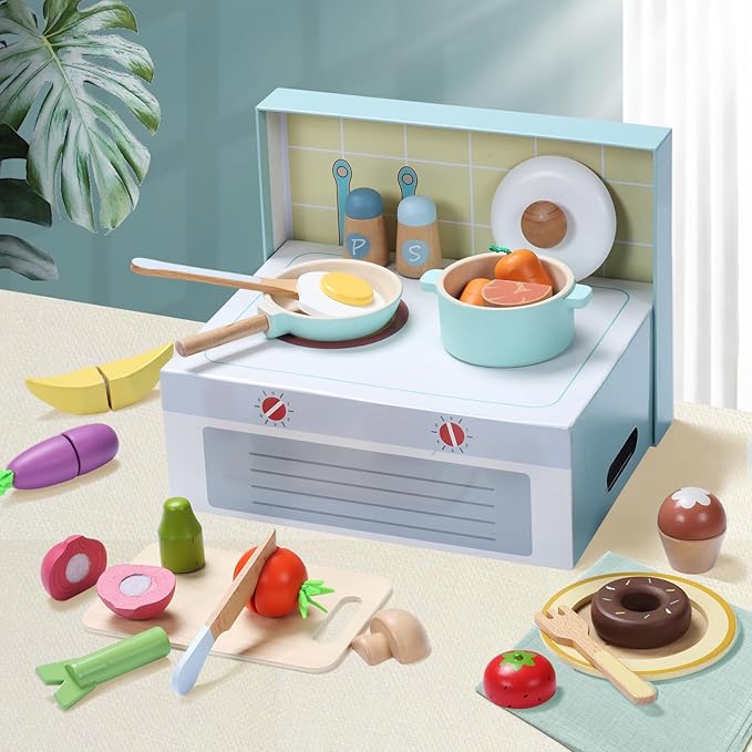 Giant bean Wooden Play Food Set, Play Kitchen Accessories, 78 PCS Pretend Cooking Set, Vegetables Fruits Cutting Toys, Dishes, Educational Toddler Toys