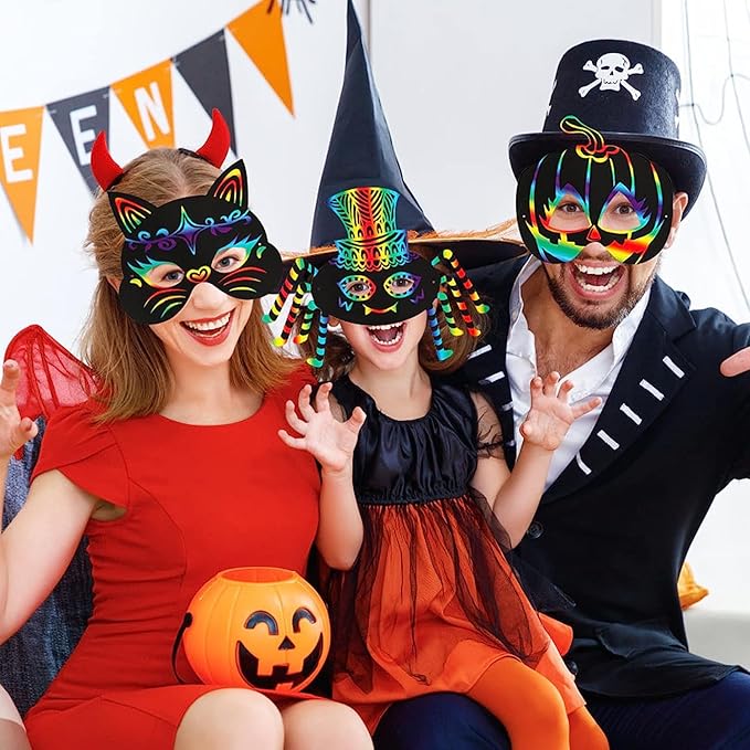 Max Fun 36PCS Halloween Rainbow Scratch Mask, Art Craft Kit for Kids Birthday Cosplay Classroom Decoration, Magic Scratch Paper Halloween Party Favor Supplies Bat Witch Pumpkin Zombie Pirate Skull