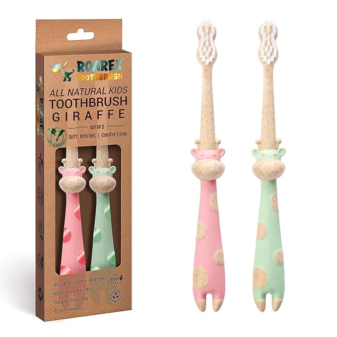 ROARex Vegan Eco Friendly All Natural Kids Toothbrush Made from Plants – Sweet Baby Giraffe | 100% Biodegradable and Compostable | 1% for The Planet Product