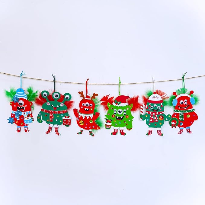 Winlyn 24 Sets Christmas Craft Kits Winter Crafts DIY Monster Ornaments Decorations Art Sets Foam Monster Christmas Stickers Googly Eyes Feathers for Kids Holiday Home Classroom Activities Party Favor