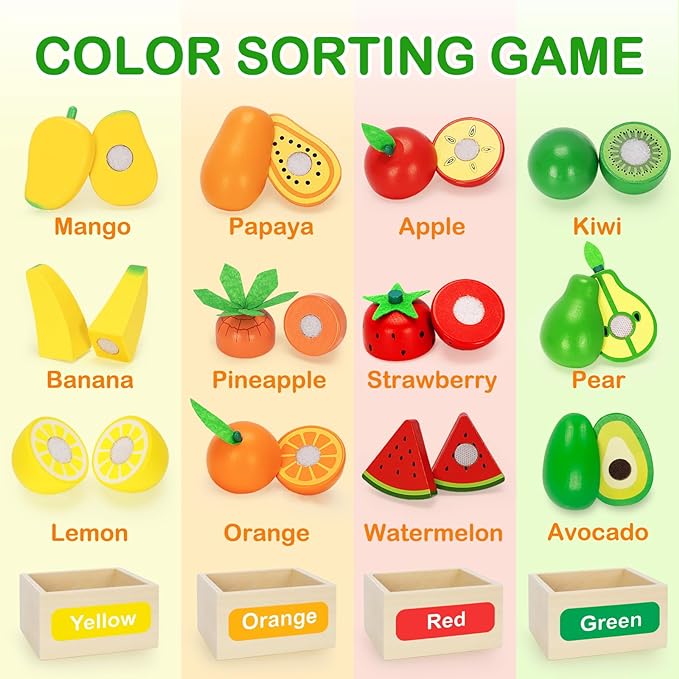 Wooden Play Food Toy Set for Kids Kitchen - 30 Pcs Montessori Cutting & Color Sorting Fake Fruit Accessories with 4 Boxes, Pretend Play Toys for Toddlers 3, Birthday Gifts for Boys Girls