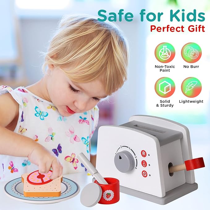 Play Brainy Pop Up Kid’s Toaster Toy with Kitchen Accessories, 8 Pc. Set, Interactive Early Learning Wood Playset with Wooden Bread, Plate, and Utensil, Girls and Boys 3+