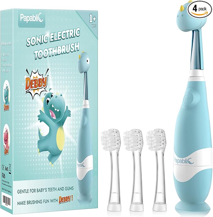 Papablic Toddler Sonic Electric Toothbrush for Ages 1-3 Years, Baby Electric Toothbrush with Cute Dino Cover and Smart LED Timer, 4 Brush Heads (Debby)