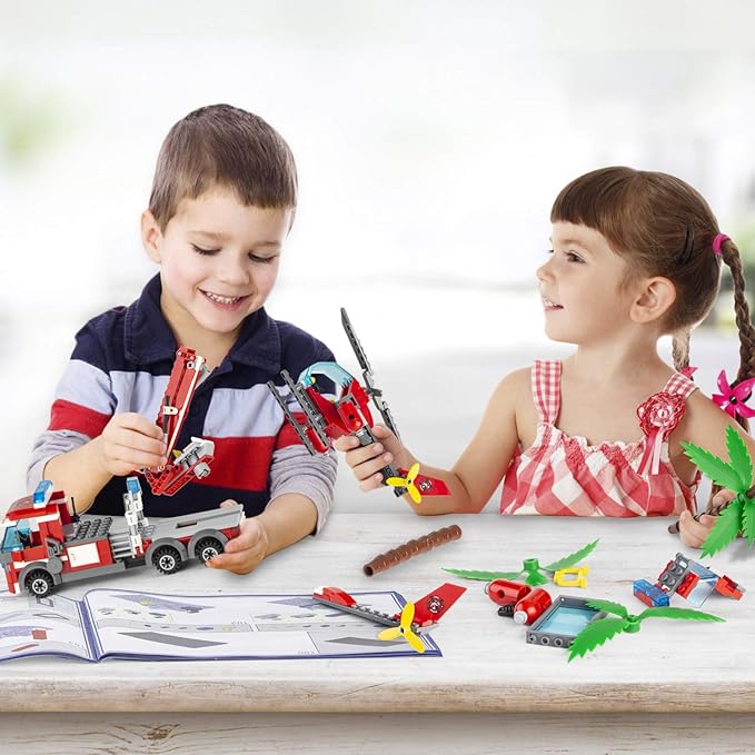 QLT QIAOLETONG City Fire Station Building Kit, 774 Pcs Building Set Including Fire Station, Fire Truck, Fire Helicopter,Fire Fighter, City Building Blocks STEM Toys Gift for Boys 6-10 Years Old.