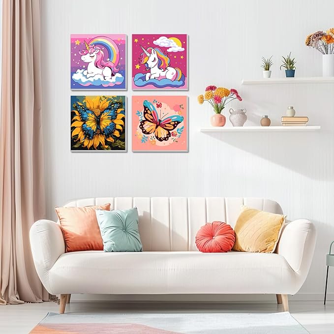 2 Pack Paint by Numbers Kit for Kids - Age 4-8, Framed Canvas, Cartoon Drawing, Color by Number, 8x8 Inch