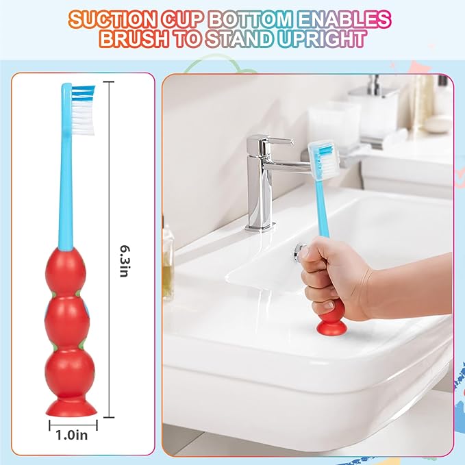 Kids Toothbrush - Soft Bristles with Suction Cup for Easy Storage, Toddler Toothbrush Children Sized Brush Head, Girl & Boy Set, Pack of 4