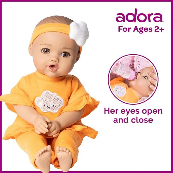 Adora Nurture Time Babies Collection, 13" Baby Doll and Clothes Set with 3 Touch Activated Features Includes Removable Cloud Patterned Outfit, Doll Bottle, Birthday Gift For Ages 1+ - Sweet Orange