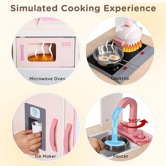 SainSmart Jr. Wooden Play Kitchen for Kids - Premium Toddler Pretend Play Cooking Set - Includes Stove, Refrigerator, and Accessories for Boys and Girls