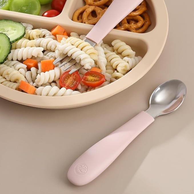 CoixFoam 8 Pieces Toddler Utensils, Toddler Safe Silverware Set With Food Grade Silicone Hanlde, 18/8 Stainless Steel, Perfect Length For New Self Feeders, Dishwasher Safe