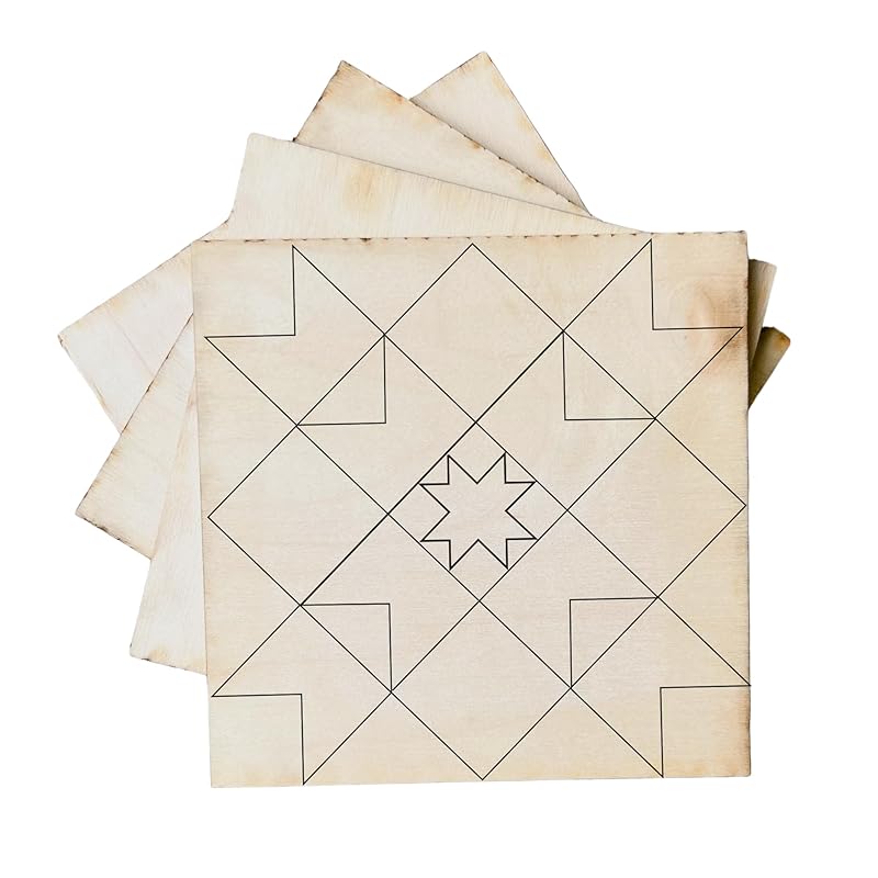 Set of 4 Coasters Small Barn Quilt Kit DIY Pattern Unfinished Wood Quilting Block Sign Paintable Art for Adults and Kids AVTRBoutique 4x4 inches (Patchwork Star)