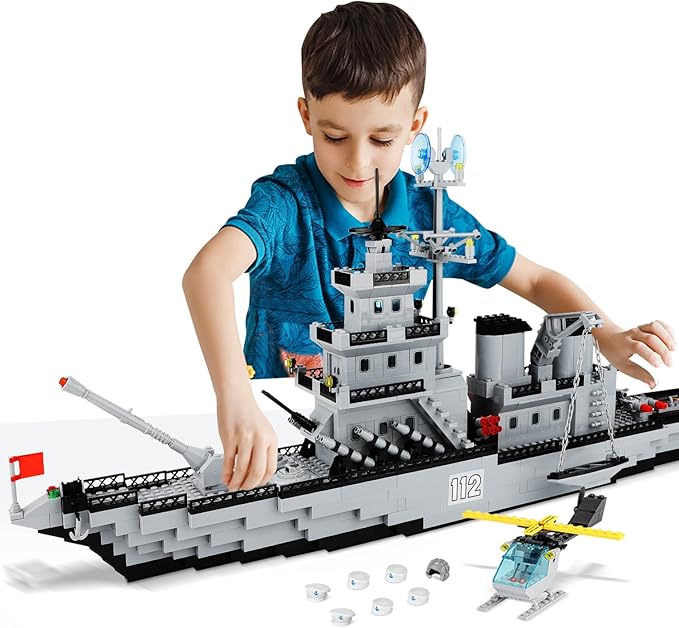 WW2 Military Battleship Building Block Set, Large-SizedCruiser Toy, Military Battle Ship Toy with Helicopter and City Lifeboat, A Gift Compatible with Lego Sets for Boys 8-14 & Adults (910pcs)