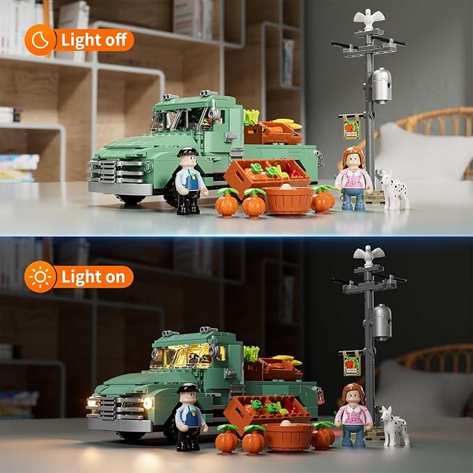 FUNWHOLE Retro Farm Truck LED Light Building Model Set - 499 Pcs Construction Bricks for Adults and Teens
