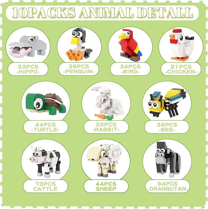 MOOXI-MOC 10pcs Animal Party Favors Building Set,Animal Building Block Toys,Suitable for Easter,Christmas Birthday,Party Gifts(465pcs)