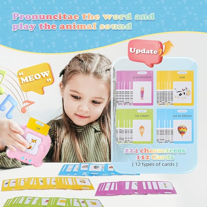 Upgraded Talking Flash Cards for Toddlers, 1 Year Old Boy Girl Birthday Gift, Montessori Toys for 1 2 3 Year Old, 224 Sight Words Flash Cards Kindergarten, Speech Therapy Toys for Toddlers 1-3, Pink