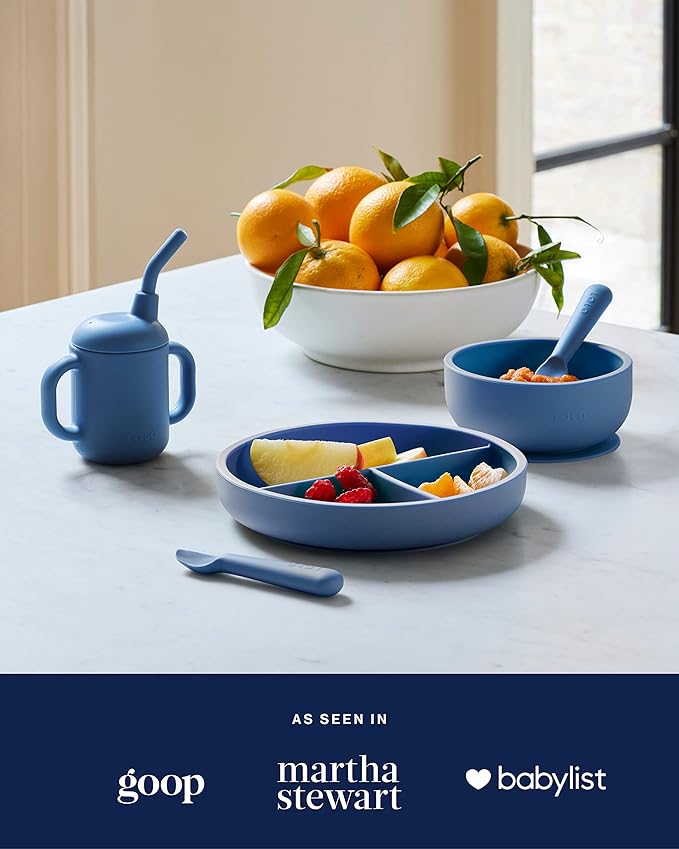 Lalo First Bites Silicone Baby Feeding Set - Baby Led Weaning Supplies - Non-Toxic Silicone - Includes 2 Bibs, 2 Spoons, Training Cup, Suction Plate and Bowl - 6 Pieces - Grapefruit