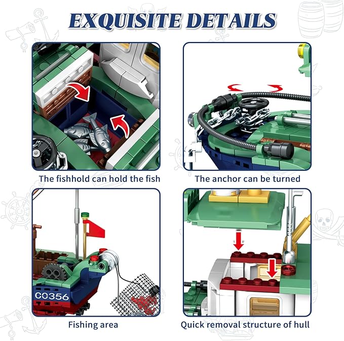 Fishing Boat Building Blocks Sets, Compatible with Lego Boat Sea Fishing Building Blocks Toy Set Collection Decoration, Gifts for Boys and Girl Ages 6-12 Years Old and up, 582 Pcs