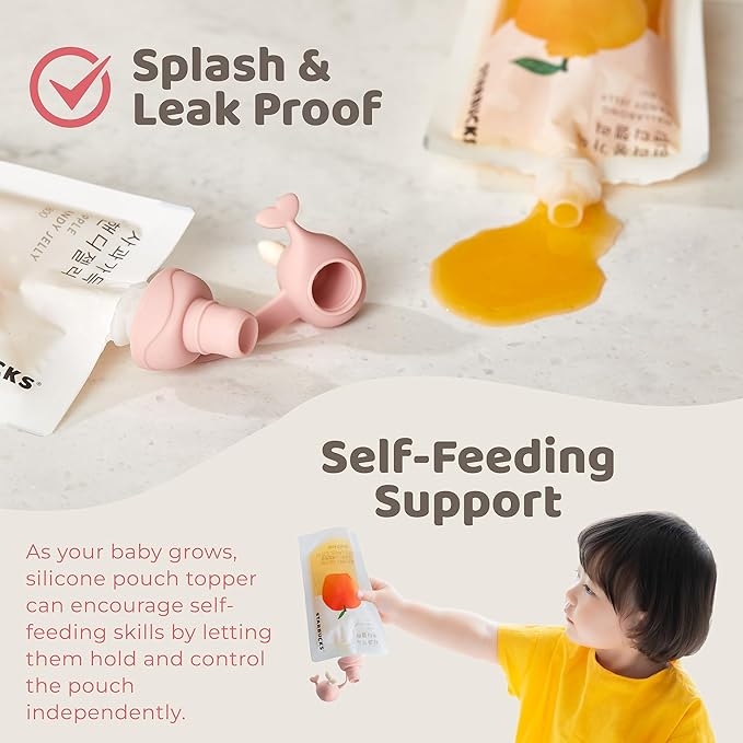 Whale SoftSip Food Pouch Topper | 2EA + Travel Case | Prevent Spills & Leakage | Protect Child Baby Toddler Mouth | Food Grade Silicone Reusable | Baby Led Weaning | BPA Free| Pink+Blue