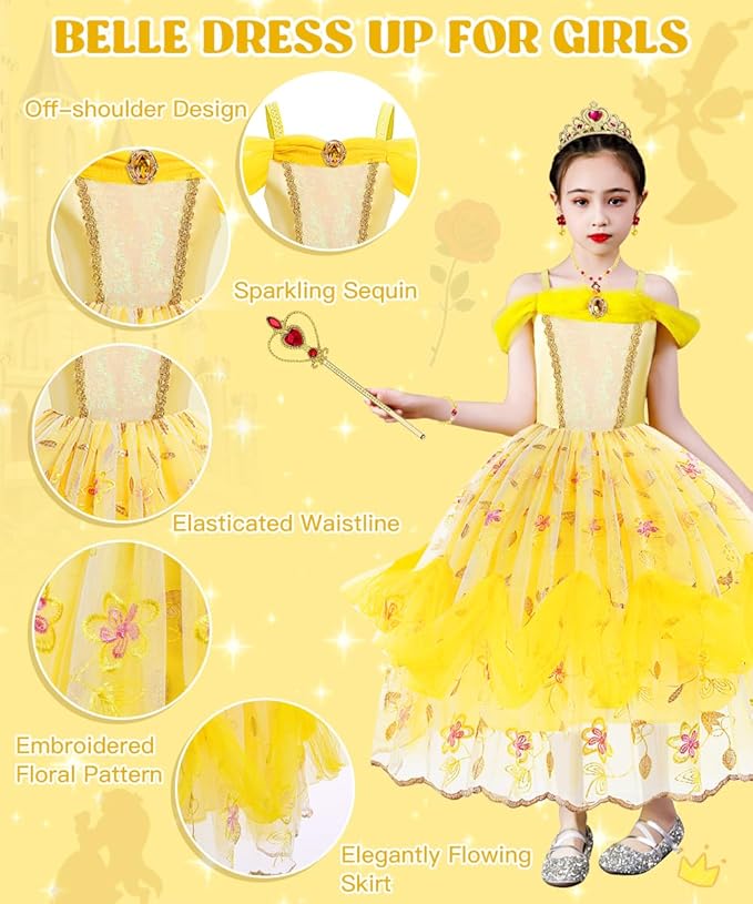 Princess Dress Up Clothes for Little Girls, Belle Costume Dress with Accessories for Birthday Party Cosplay Halloween
