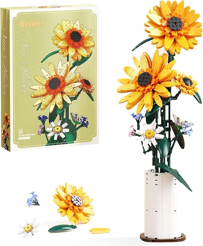 Bentex Sunflower Building Block Set, Beautiful Flower Bouquet with Vase for Adults Teens, Gift for Birthday Anniversary for Her & Him, Vibrant Home Decor for Flower Lovers (821pcs)