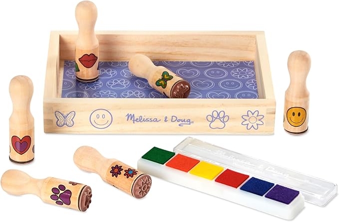 Melissa & Doug Happy Handles Wooden Stamp Set: 6 Stamps and 6-Color Stamp Pad - Kids Stamp Packs With Washable Ink, Easy To Hold Stampers For Kids Ages 4+