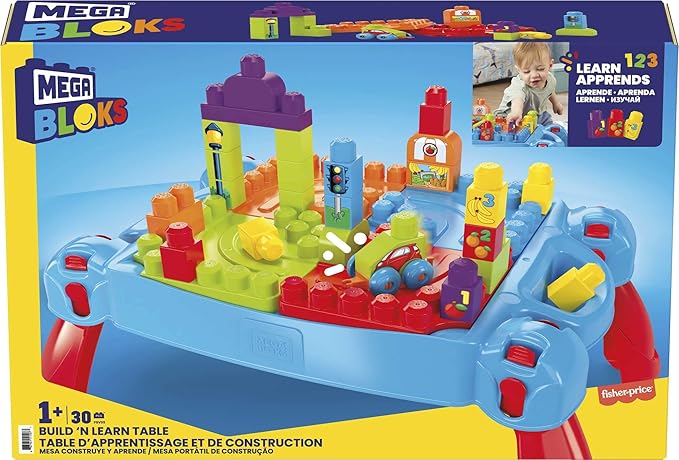 Mega Bloks First Builders Build 'n Learn Table with Big Building Blocks, Building Toys for Toddlers (30 Pieces)