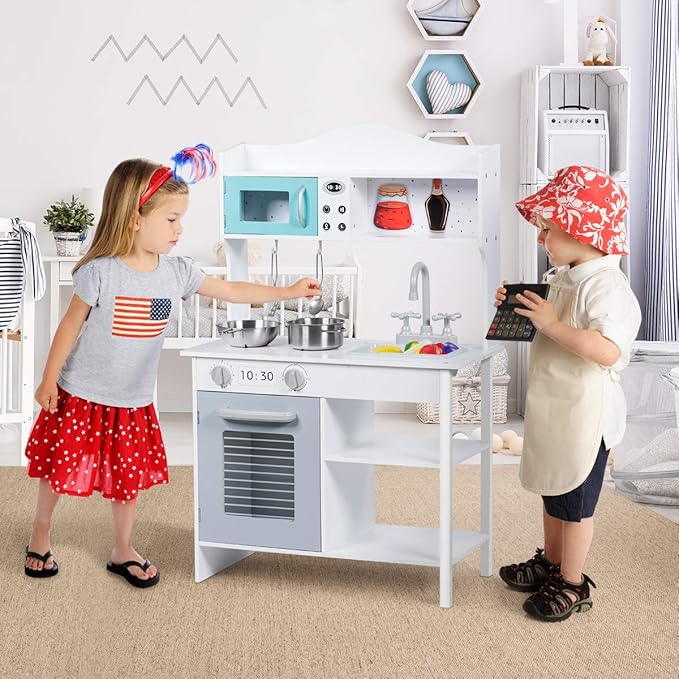 HONEY JOY Kids Kitchen Playset, Toddlers Wooden Play Kitchen Set w/Microwave, Sink, Stove & Oven, Cookware Utensils, Large Storage Shelf, Little Chef Pretend Play Toy Kitchen Set for Boy Girl Age 3+
