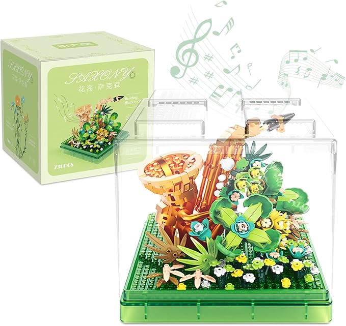 Saxophone Mini Building Block Sets with Colorful Flower Decor, Micro Building Sets with Dust Cover,Gift for Girl,Lover,Mother, Home Office Decor Kit Suit for Kids and Adult Aged 8+(Saxophone)