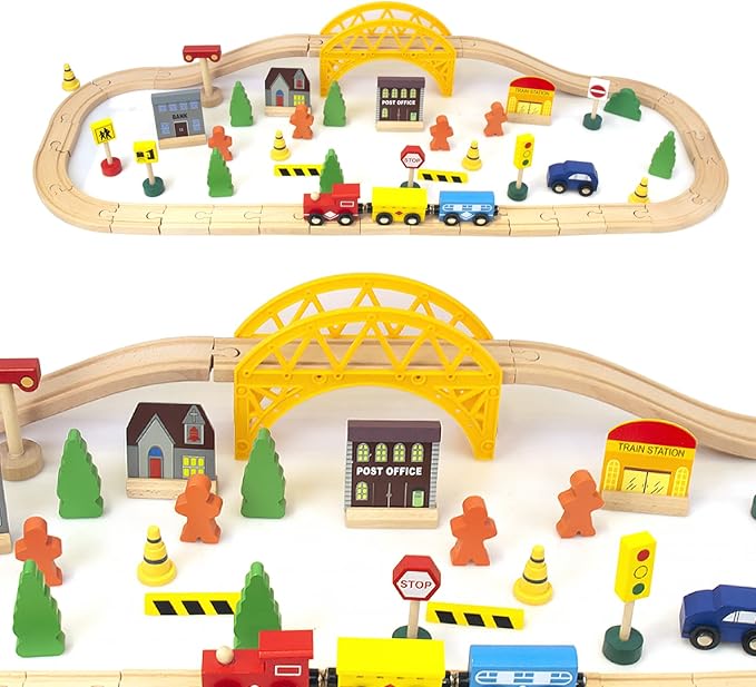 60Pcs Train Set for 3 Year Old Boys, Double-Side Wooden Train Set Tracks for Toddlers, Fits Brio, Thomas, Melissa and Doug, Kids Wood Train Toys for 3 4 5 Year Old Boys and Girls (Yellow)