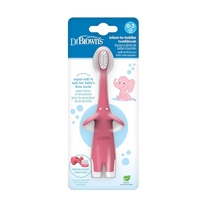 Dr. Brown's Infant-to-Toddler Training Toothbrush, Soft for Baby's First Teeth, Pink Elephant, 0-3 Years (Colors/Styles May Vary)