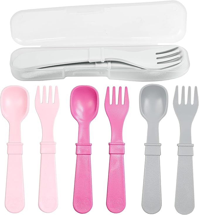 Re-Play Made in USA Toddler Forks and Spoons, Pack of 8 With Carrying Case - 4 Kids Forks with Rounded Tips and 4 Deep Scoop Toddler Spoons - 0.2" Thick Toddler Utensils with Case, Modern Pink