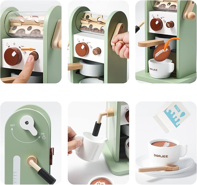Dorjee Kids Coffee Maker Playset with Grinder, Play to Learn Coffee Making Routine, Stimulates Imaginative Pretend Play and Life Skills, Gifts for Toddler Girls and Boys, 14pcs in Wood