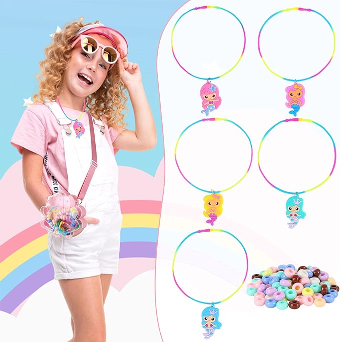FLYINGSEEDS Mermaid Necklace Making Kit for Little Girls, Beads Jewelry Toys with Shoulder Box, Beaded Arts and Crafts Best Gifts for Toddlers Kids Age 3-5 4-6 7 8 9 10