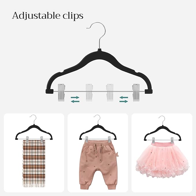 SONGMICS Baby Hangers, 30 Packs Pants Hangers with Clips, Kids Hangers with 6 Clothes Dividers, Non-Slip Children’s Clothes Hangers, Pants Hangers, Black UCRF013B30