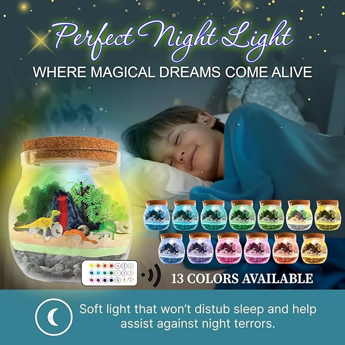 Dinosaur Light Up Terrarium Kit for Kids I Dinosaur Toys Craft Kits for Kids I Night Light for Kids Crystal Growing Kit I Terrarium Jar for Kids I Birthday Gifts for Girls Age 5-12