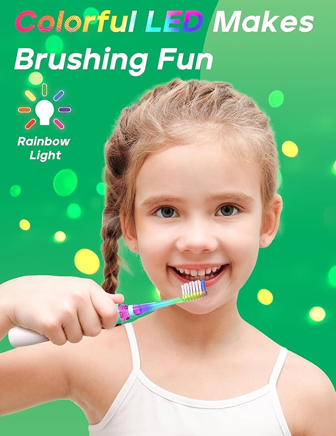 SEAGO Kids Electric Toothbrush with 2 Mins Brushing Timer and 8 Replacement Bursh Heads,Rainbow LED Light Make Brushing Fun, Blue Color Boys Battery Powerd Toothbrush for 4-12 Years Old