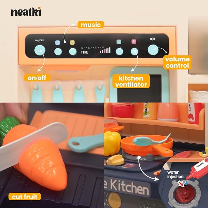 Kids' Play Kitchen Set, 65-Piece Toy Set for Toddlers, 27.95 x 11.22 x 36.81 Inch, with Functional Faucet, Realistic Steam Effects, Lights and Sounds (Blue)