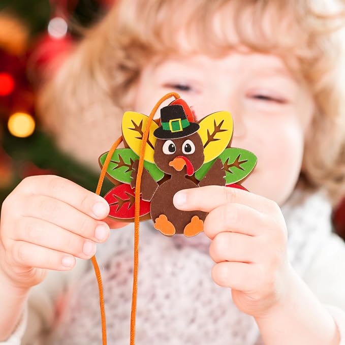 WorldBazaar Turkey Craft Kits For Kids 12 Pack Thanksgiving Turkey Necklace Crafts Bulk DIY Turkey kits Thanksgiving Party Activities Game