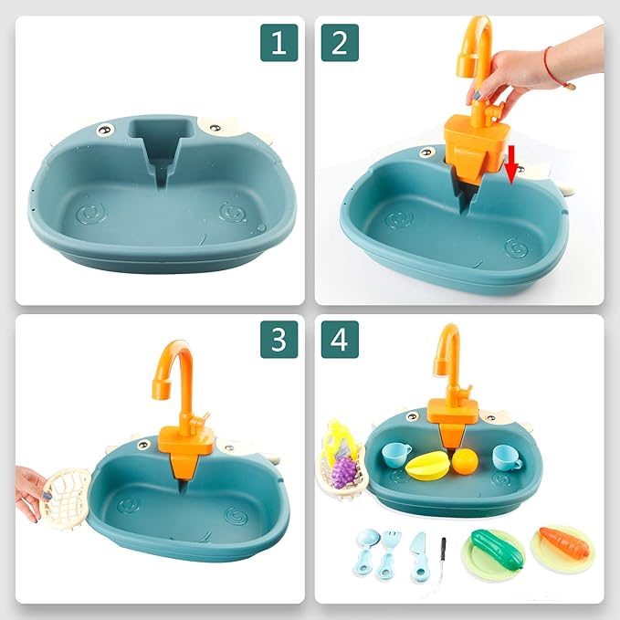 Ruibytree Play Kitchen Sink Toy, Water Toys for Kids with Electronic Dishwasher, Pretend Play Utensils Accessories and Play Cutting Food for Boys and Girls (Cute Cows)
