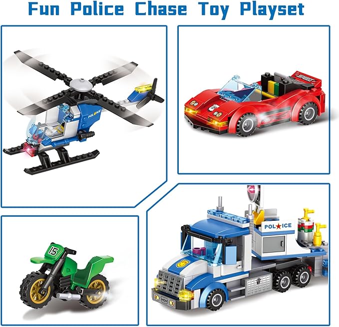 City Police Truck and Trailer Building Sets, Compatible with Lego Police Car with Tow Truck, Helicopter, Car, Motorcycle, Police Chase Building Blocks Toy Set Gift for Boys Aged 6-12, 509 PCS