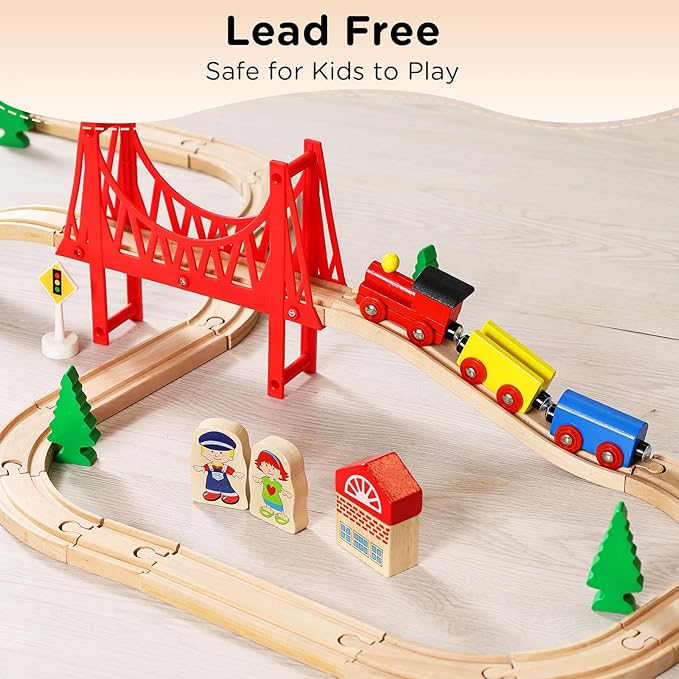 SainSmart Jr. Wooden Train Set - Interactive Police Playset for Kids | Building Toy with Train, Figures & Accessories | Compatible with Brio, Thomas, Melissa and Doug | Educational STEM Gift (Village)