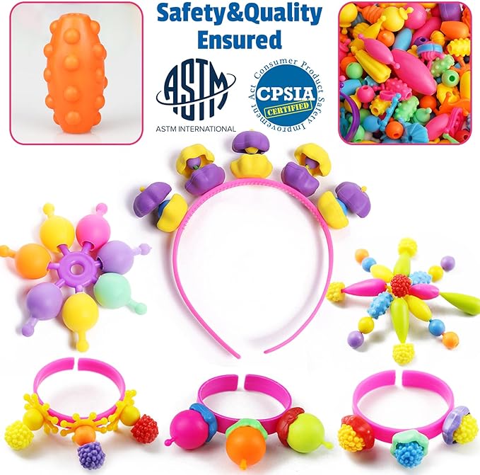 FUNZBO 850pcs Pop Beads - Jewelry Making Kit for 3 4 5 6 7 8 Year Old Little Girls, Arts and Crafts Toys for Kids, Necklace Bracelet Ring Hairband Creativity Snap Set Easter Holidays Birthday Gifts
