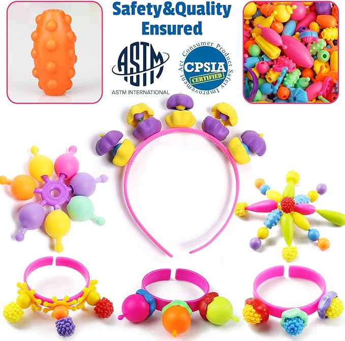 FUNZBO 850pcs Pop Beads - Jewelry Making Kit for 3 4 5 6 7 8 Year Old Little Girls, Arts and Crafts Toys for Kids, Necklace Bracelet Ring Hairband Creativity Snap Set Valentine Easter Birthday Gifts