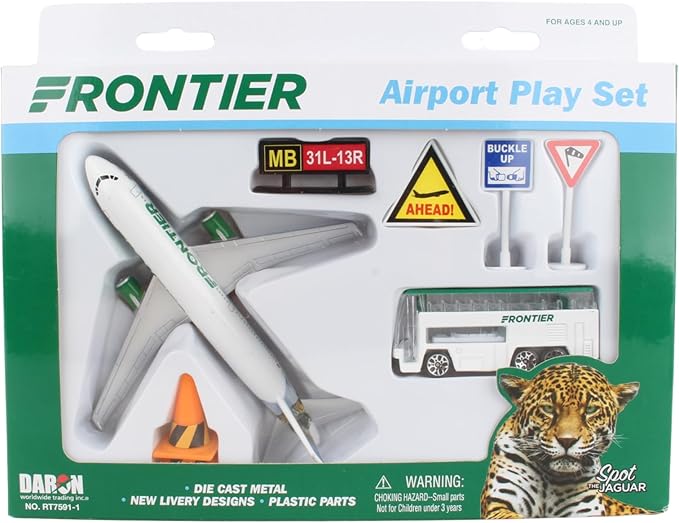 Daron Frontier Airlines Spot The Jaguar Airport Playset with Die-Cast Metal Model Airplane with Plastic Parts, Cars and Transportation Toys for Kids Ages 3+